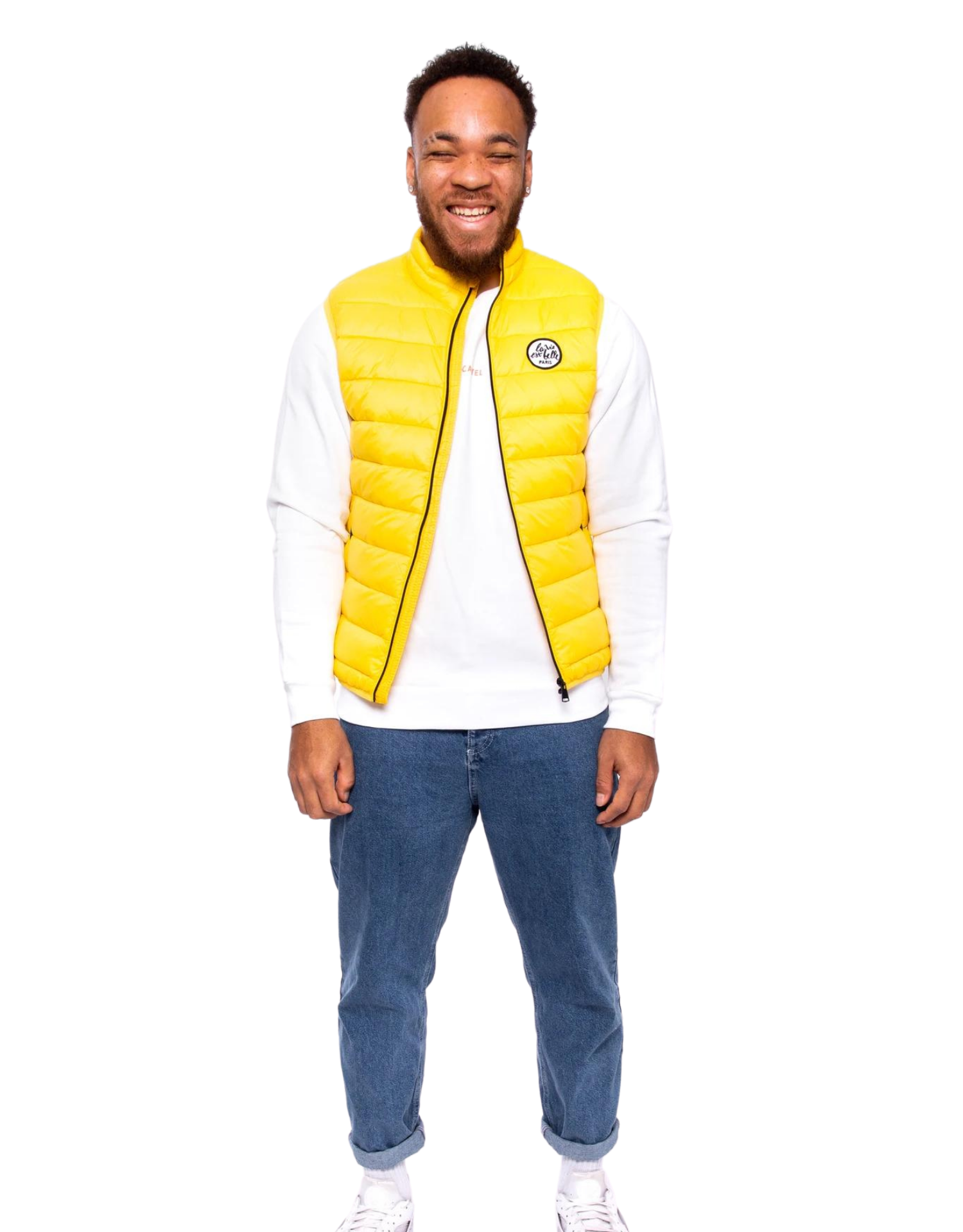 VESTE SANS MANCHE JAUNE LA VIE EST BELLE PARIS